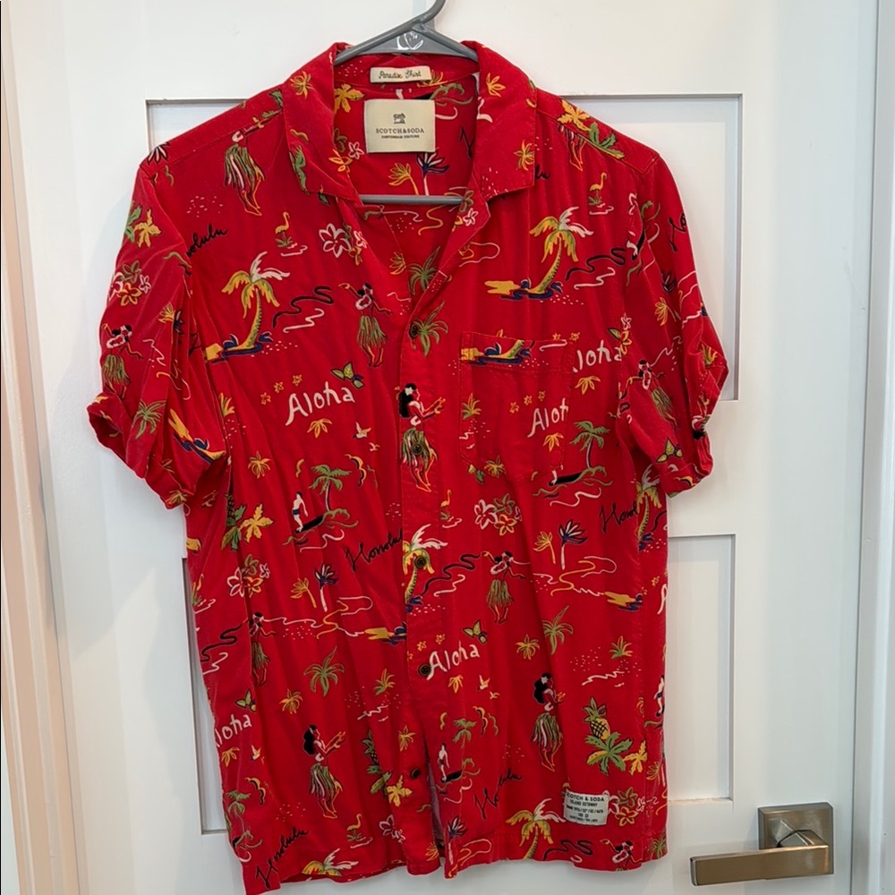 Scotch & Soda Red Casual Button Down Shirt with Tropical Print